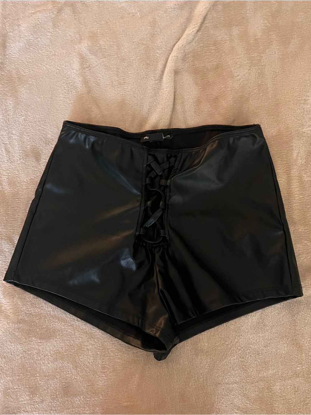 PrettyLittleThing Black Faux Leather High Waist Lace-Up Shorts